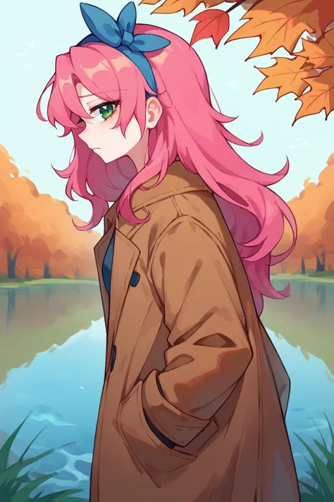 a close up of a person with pink hair and a brown coat