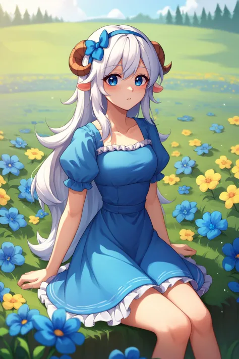 a girl in a blue dress sitting in a field of flowers