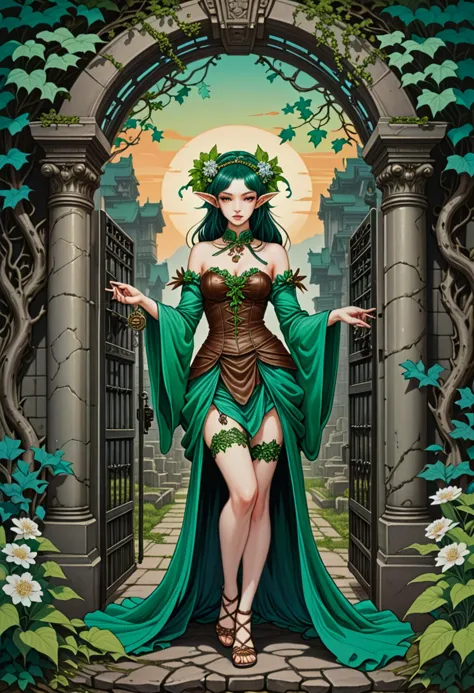 (horror painting by Utagawa Kuniyoshi) of a  (elf) woman,             wearing Sylvan dress in shades of green and brown, flowing skirt, ivy-patterned stockings, leather sandals, floral crown blooming with blossoms and buds, holding a crystal vial containing shimmering fairy dust,             set in  Ancient Cemetery Entrance, Weathered stone pillars flank a wrought iron gate, ivy clinging to its bars, a winding path disappearing into the overgrown foliage, the distant sound of crows cawing , at sunset award winning, very aesthetic