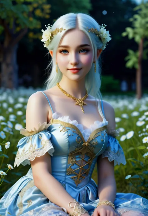 (medium full shot) of (elegant elf) young female, moon elf, light blue skin, silver eyes, graceful, floral adorned updo hair,   ...