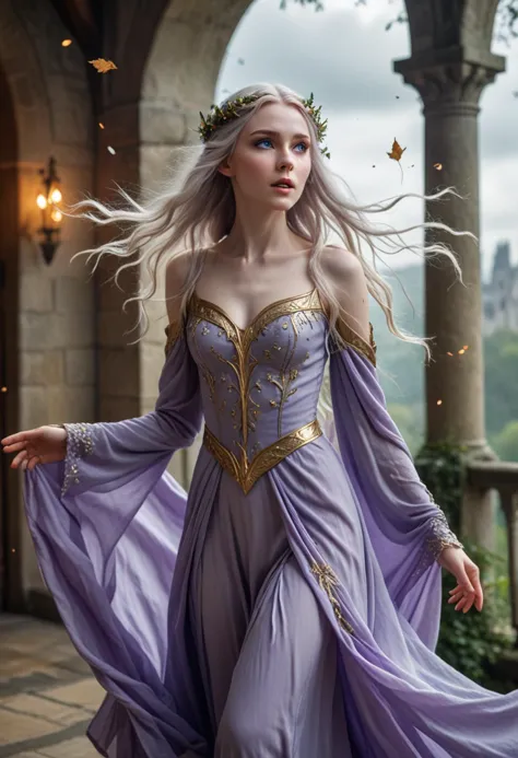 (medium full shot) of (enchanting elf) young female, ethereal elven beauty, pale skin, piercing blue eyes, slender, long flowing...