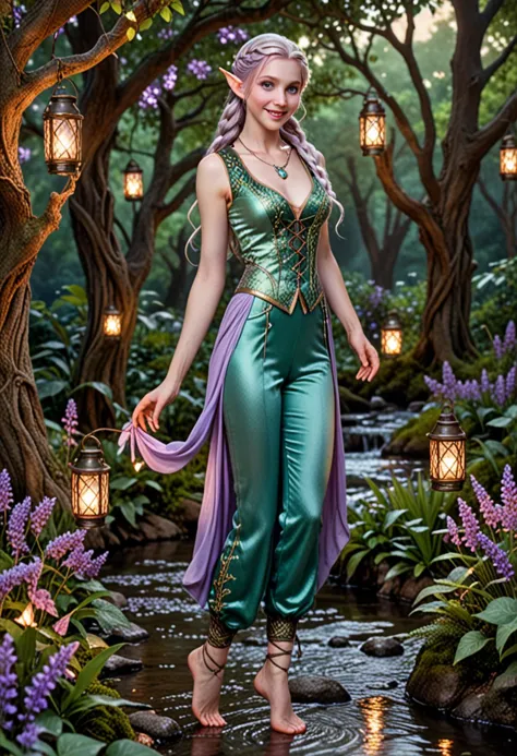 (medium full shot) of  (otherworldly elf) young female, sea elf, pale green skin, blue-green eyes, fluid and graceful, fishtail ...