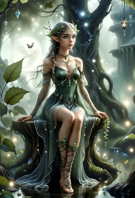 illustration, (ethereal elf) young female, slender build, woodland elf, tan skin, green eyes, braided crown hair, wearing a silv...