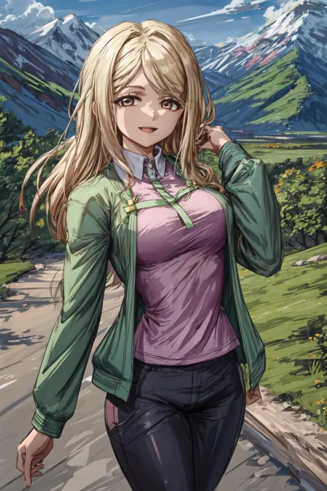 (masterpiece),best quality, miyo, ribbon, cross, pink blouse, green jacket, pants,  delighted smile, outside,moutain, ((crazy eyes)),