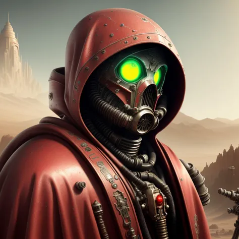 best quality, atmospheric scene, martian surface, dust, bokeh, tech priest of mars, detailed face, detailed eyes, looking at vie...