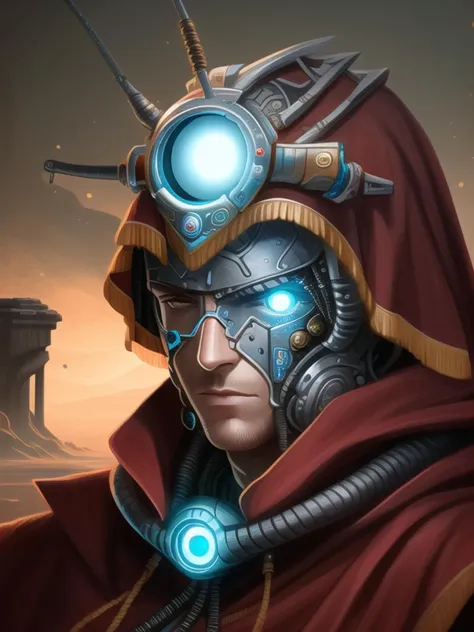 dreamlikeart, digital painting, intricate, 8k, highly detailed, sharp focus, best quality

 <hypernet:mechanicus_v10:0.8>

tech priest, upper body portrait, red robe, cybernetic parts, cyborg, glowing eye