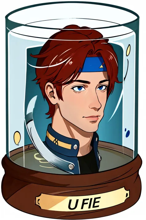 Highly detailed, High Quality, Masterpiece, beautiful, feroy, headband,<lora:Char_FireEmblem_Roy:0.8>, Head in Jar, jar, head only, <lora:Pos_HeadinJar:0.9>, 1boy,