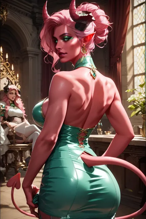 zPDXL2, score_9, score_8_up, score_7_up, rating_safe, 30 year old dark pink haired succubus in a Medieval throne room, magenta skin, horns, tail, green blouse, latex skirt and halter top, from behind posing, pretty boobs, undressing, flirty facial expression