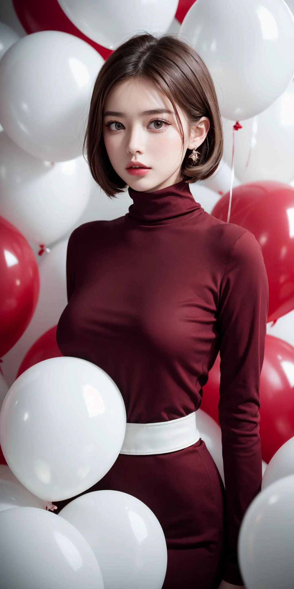 Obra maestra, mejor calidad, fondo muy detallado, perfect lightingmejor calidad,Foto de retrato de moda de una hermosa joven de los años 60 con un jersey de cuello alto rojo parada en medio de una tonelada de globos blancos., Tomada con una cámara Hasselblad de formato medio.