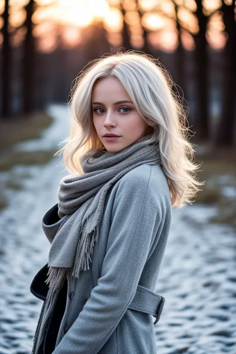 a woman with blonde hair and scarf standing in the snow