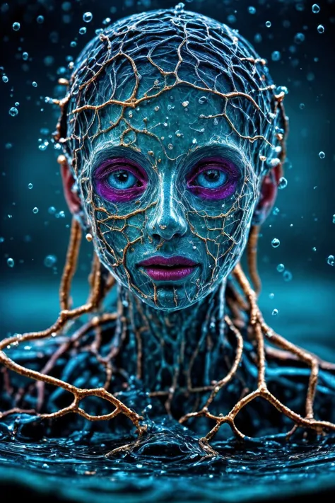 a woman with blue skin and pink eyes is submerged in water