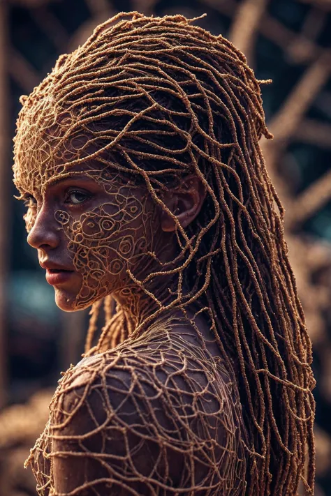 a woman with dreadlocks and a body painted with gold