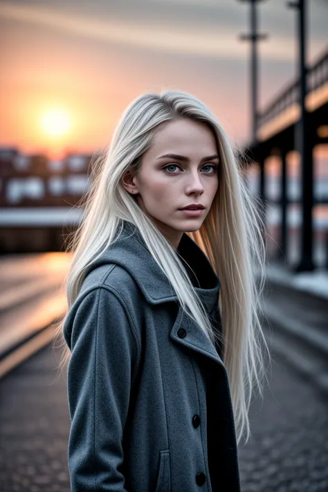 a close up of a woman with long blonde hair standing on a train track