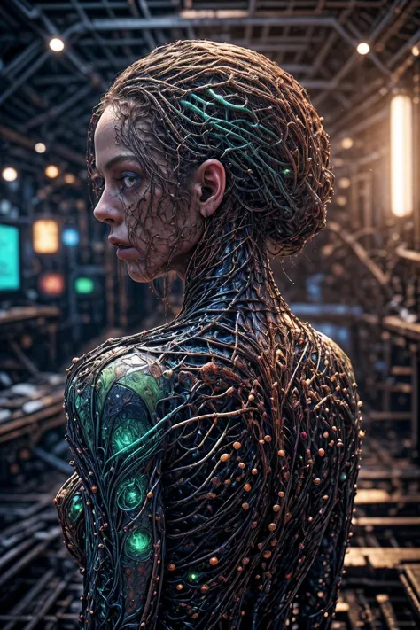 a woman with a green glowing head and body in a futuristic setting