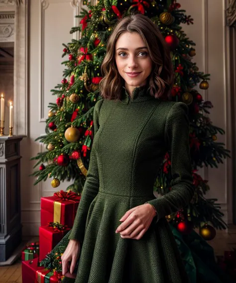 a woman in a green dress standing in front of a christmas tree