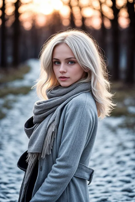 a woman with blonde hair and scarf standing in the snow