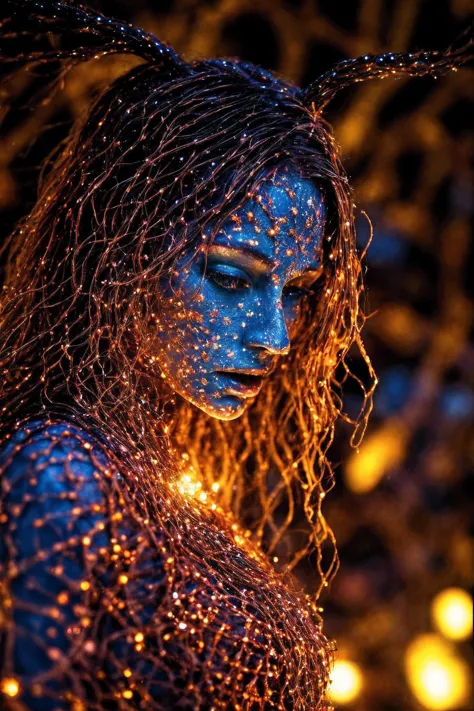 a woman with blue makeup and gold glitters is posing for a picture