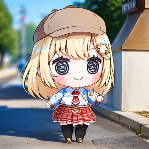 anime girl with a hat and a red dress standing on a street