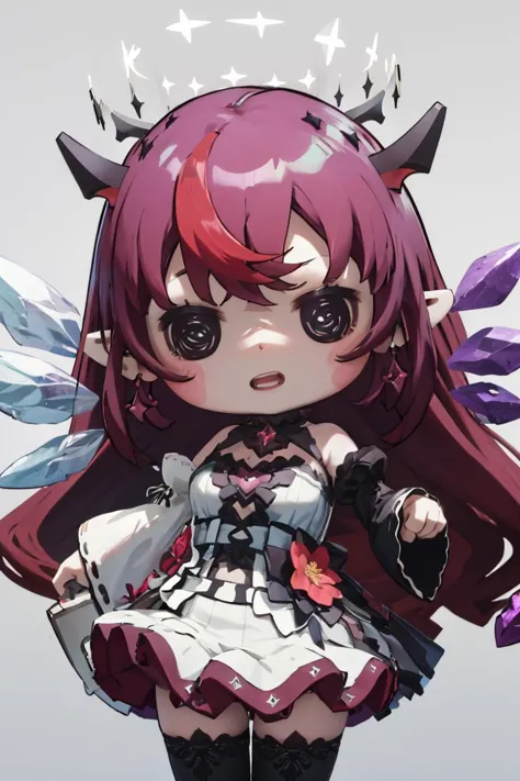 masterpiece, best quality, absurdres, chibi, IrysBase, long hair, double halo, detached wings, white dress, detached sleeves, bare shoulders, flower, purple thighhighs, open mouth, <lora:CHAR-IRySv2:1.0>, <lora:style_beegsmol-07:1.0>