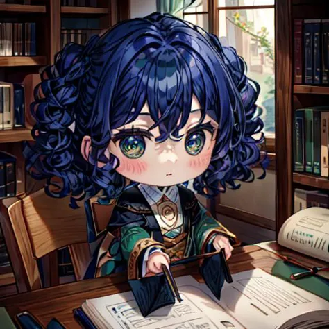 anime girl sitting at a desk with a book and pen