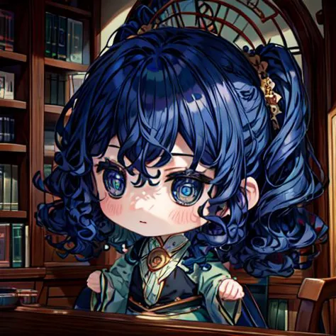 a close up of a cartoon girl with blue hair in a library