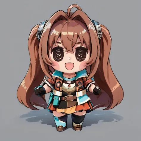 masterpiece, best quality,  <lora:style_beegsmol-07:1> chibi, simple background  <lora:estelle-nvwls-v2-final:0.8> scEstelle, cropped jacket, green shoulder pad, tan shirt, orange skirt, belt, white thighhighs, brown gloves, :D