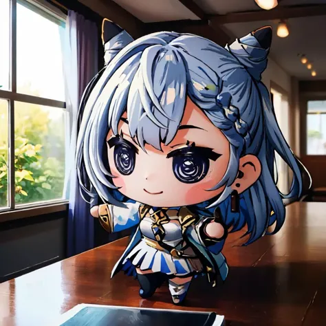 anime character with blue hair and a blue dress on a table