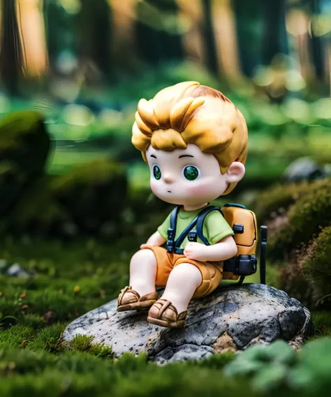 1boy, blonde hair, plant, outdoor, In the forest, backpacking, exploring, grass, rocks, ,sitting,