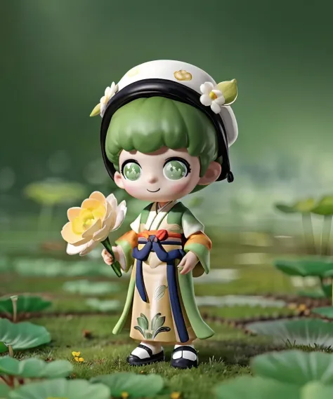 A cute little girl with dark green curly hair and big eyes, wearing gorgeous green hanfu, smiling, wearing a classical chinese hat with a classical chinese embroidery pattern, holding a dark fan in her hand, blooming with lotus flowers and green lotus leav...