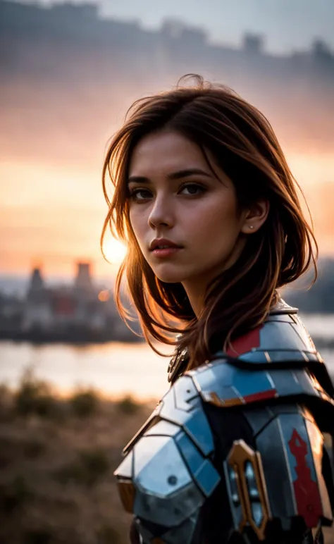 a woman in armor poses for a picture in front of a sunset