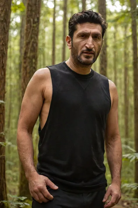 arafed man in black shirt standing in forest with trees