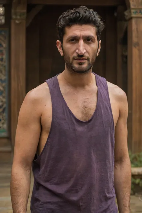 arafed man in a purple tank top standing in front of a building