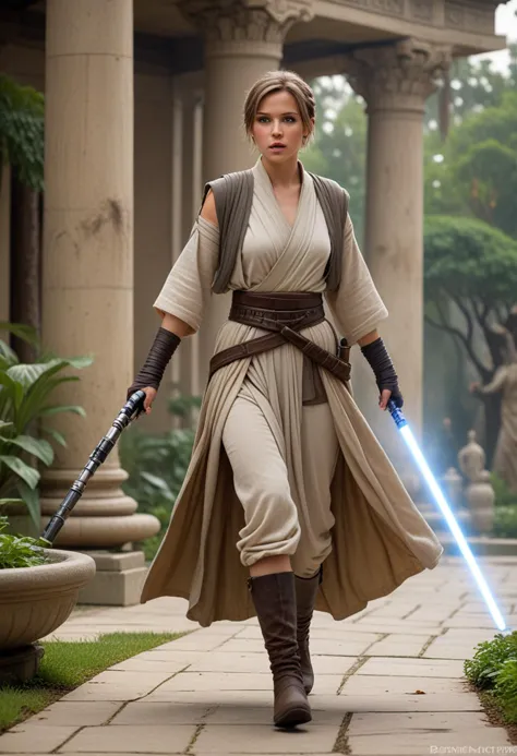 (medium full shot) of (bonnie jedi) female kel dor, short hair with a braid, wearing a battle-worn jedi robe,simple cloth belt,t...