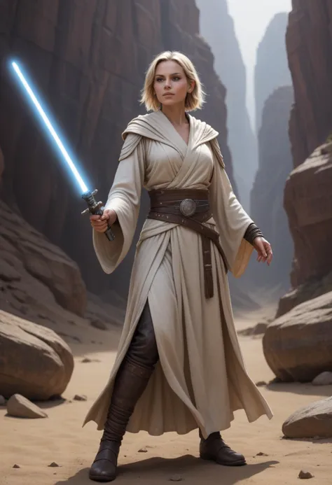 (medium full shot) of  (angelic jedi) female zabrak, cropped hair, wearing a ceremonial jedi robe,simple cloth belt,lightweight ...