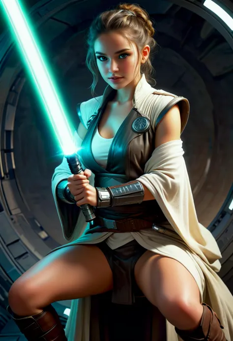 (medium full shot) of (sexy jedi) female pantoran, braided hair, wearing a sleeveless jedi robe,simple cloth belt,tall leather b...