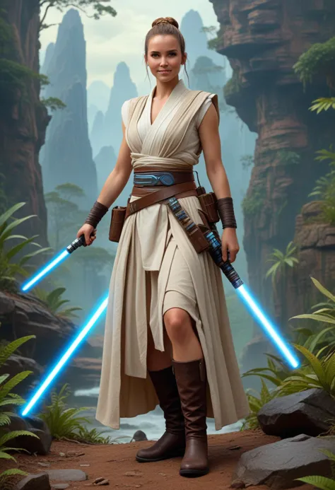 (medium full shot) of (angelic jedi) female pantoran, hair, bun, wearing a sleeveless jedi robe,rugged leather belt,tall leather...