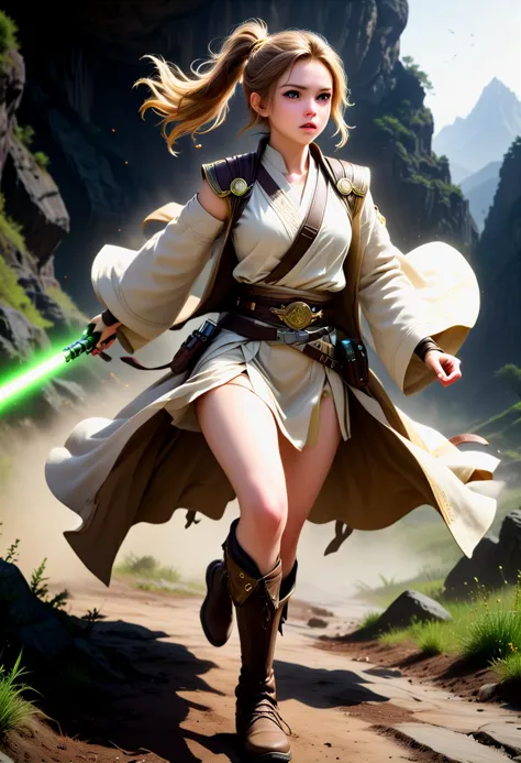 (medium full shot) of (esthetic jedi) female pantoran, hair, ponytail, wearing a ornate jedi robe,leather jedi belt,ankle-length...