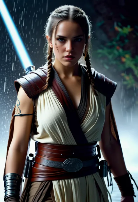 (medium full shot) of (gorgeous jedi) female zabrak, long hair with a braid, wearing a ceremonial jedi robe,rugged leather belt,...