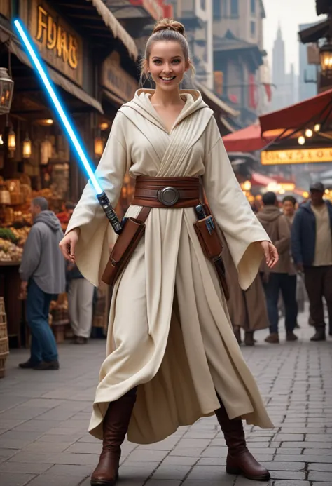 (medium full shot) of (esthetic jedi) female nautolan, top knot, wearing a hooded jedi robe,wide leather belt with compartments,...