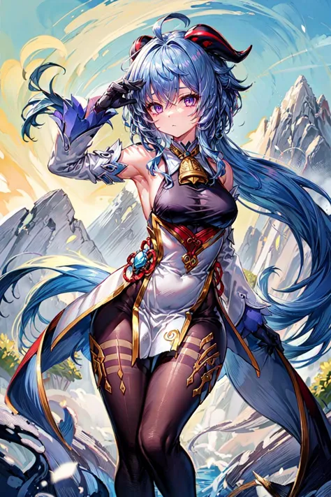 1girl, solo, <lora:Ganyu_Genshin:0.5> Ganyu_Genshin, long hair, blue hair, purple eyes, horns, bare shoulders, neck bell, black pantyhose, detached sleeves, black gloves, pelvic curtain, outdoors, mountain, <lora:add_detail:0.7>, dynamic pose,