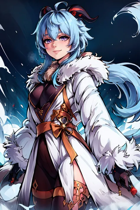 a woman in a white coat and blue hair standing in the snow