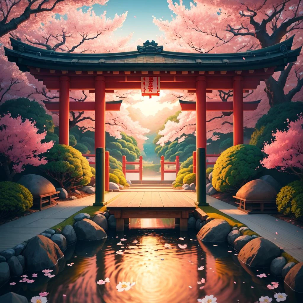 (peinture numérique),(meilleure qualité), jardin japonais serein, fleurs de cerisier en pleine floraison, étang de carpes koï, passerelle, pagode, Style artistique Ukiyo-e, Inspiration Hokusai, L&#39;art déviant populaire, 8k ultra-réaliste, palette de couleurs pastel, Éclairage doux, heure d&#39;or, atmosphère tranquille, orientation paysage