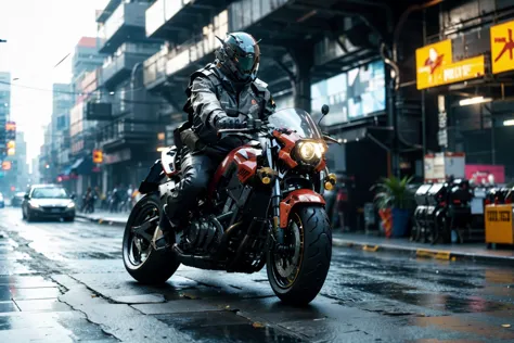 motorcycle rider in full gear riding down a wet city street