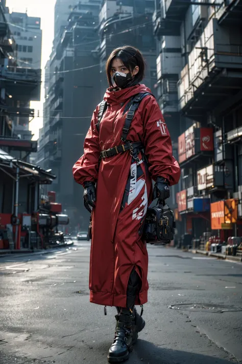 arafed woman in red coat and mask walking down street