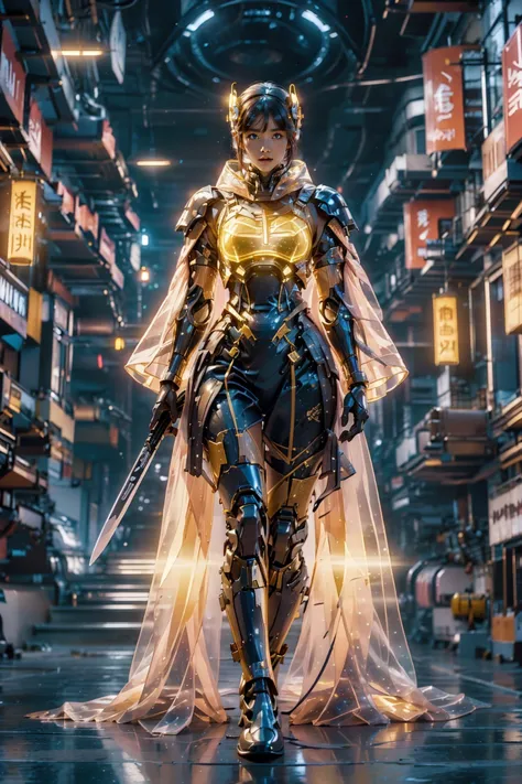 a woman in armor walking through a city at night