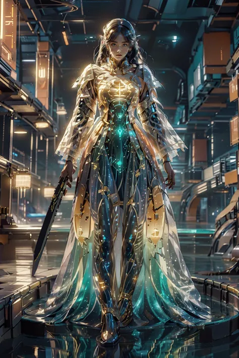 girl,<lora:bioluminescent_dress-1.0:1>,Luminous Mecha,in a flowing thick cloth cloak,wielding an glowing sword,standing on the water,<lora:jinmeng:1>,