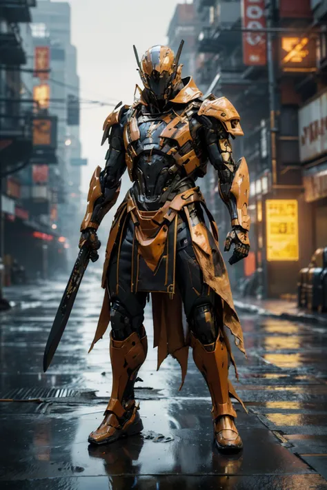 a man in armor standing on a city street in the rain