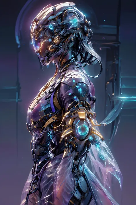 a woman in a futuristic suit with glowing lights on her face