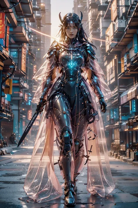 a woman in armor walking down a city street