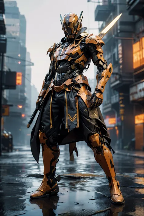 a man in armor standing on a city street with a sword